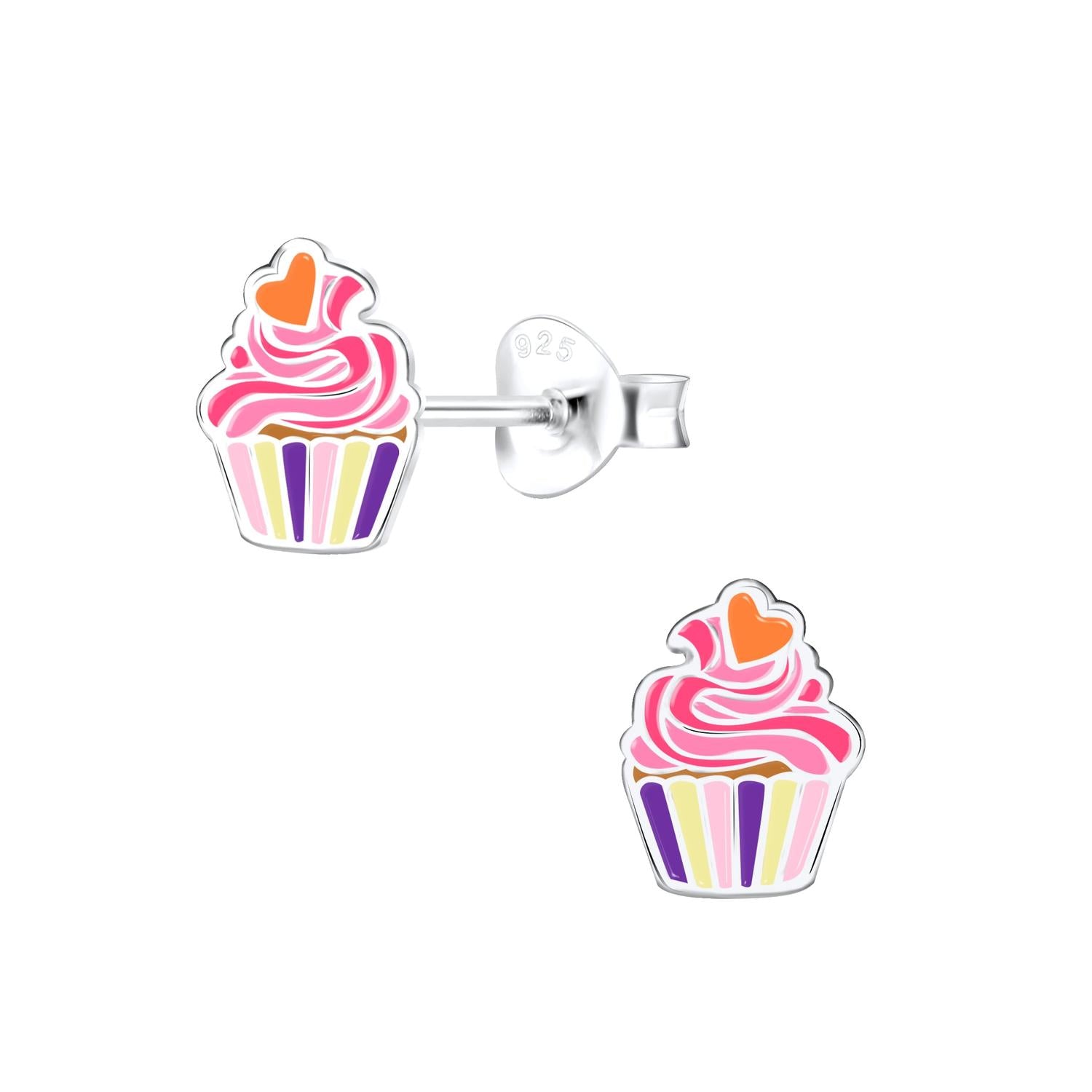 Melchior Jewellery colourful cupcake earrings for girls featuring pink frosting, orange heart topper, and purple striped base