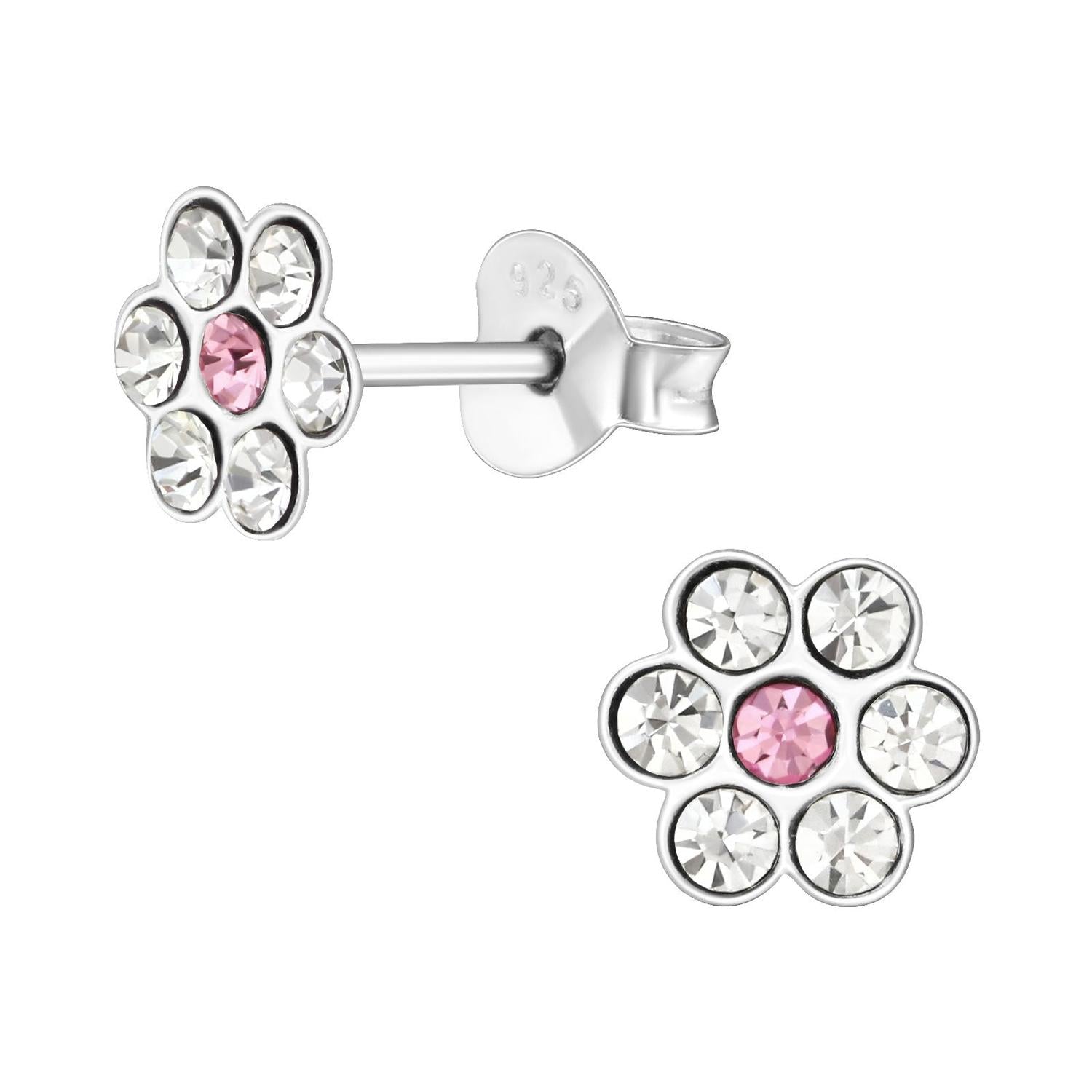 Melchior Jewellery crystal flower earrings for girls with clear and pink stones in silver setting