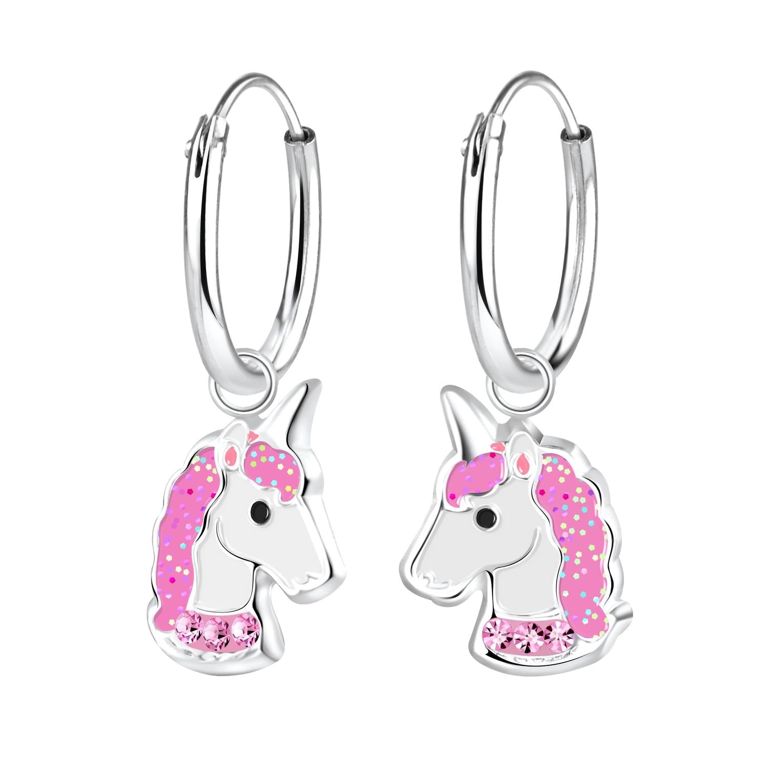 Melchior Jewellery crystal unicorn earrings for girls featuring silver hoops and pink unicorn charms