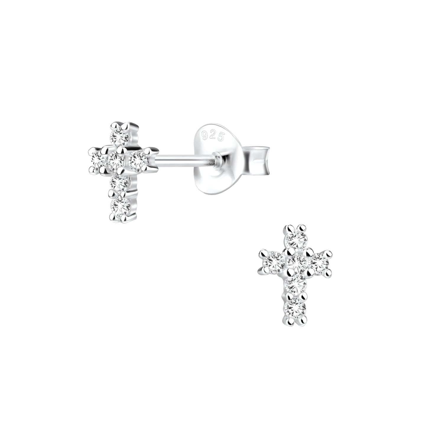Cubic Zirconia cross earrings for kids from Melchior Jewellery in sterling silver stud design