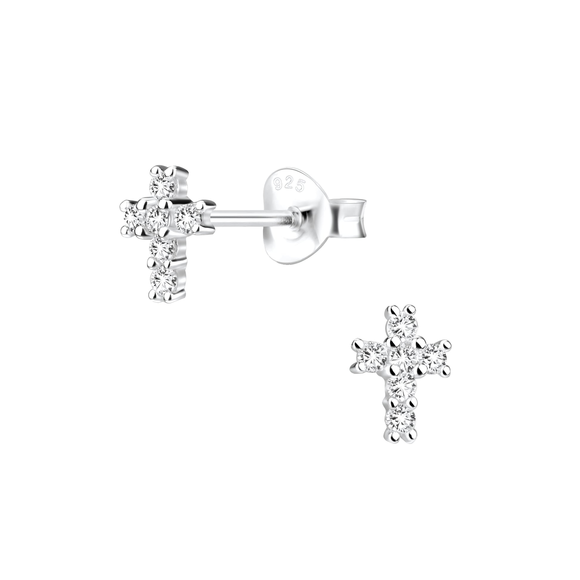 Cubic Zirconia cross earrings for kids from Melchior Jewellery in sterling silver stud design