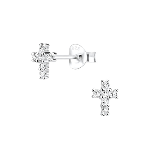 Cubic Zirconia cross earrings for kids from Melchior Jewellery in sterling silver stud design