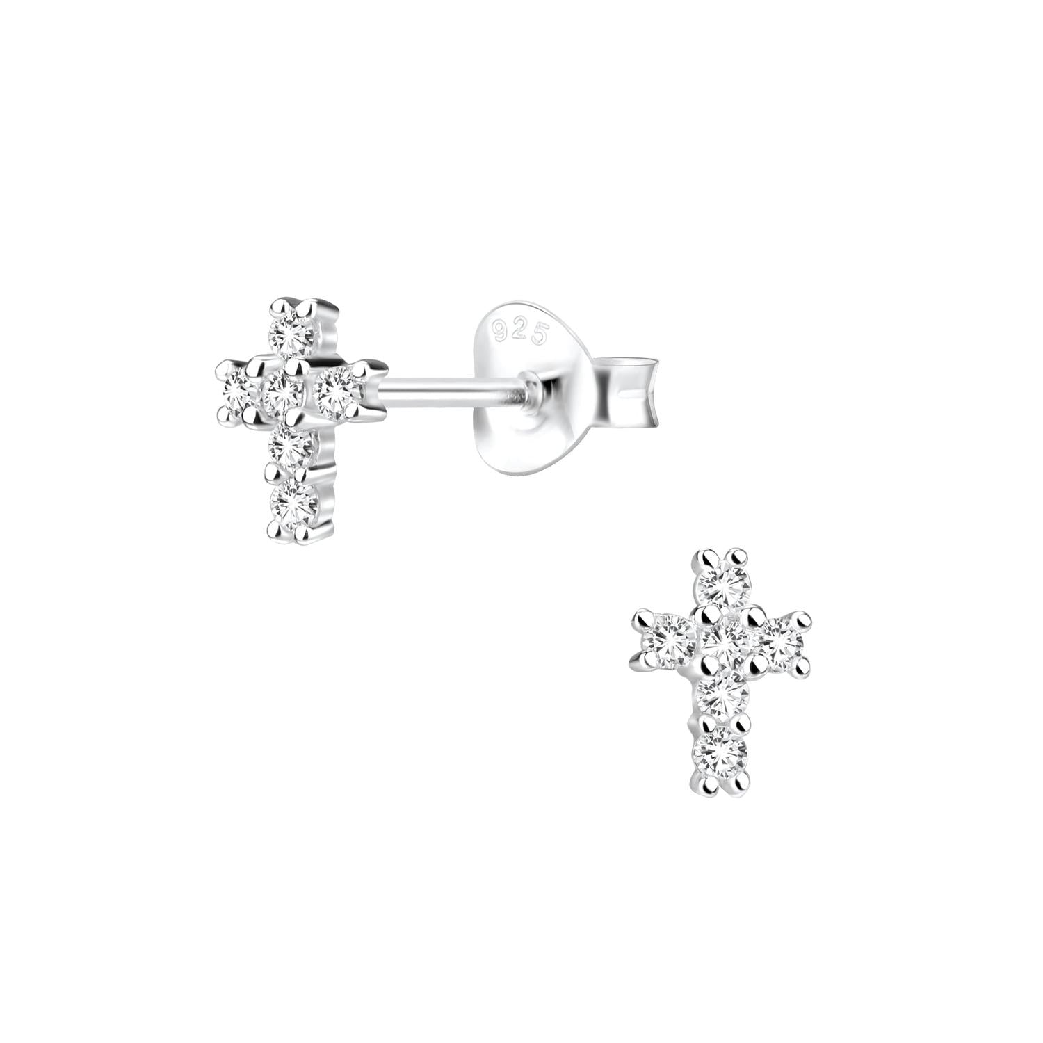 Melchior Jewellery cubic zirconia cross earrings for kids in sterling silver with stud design