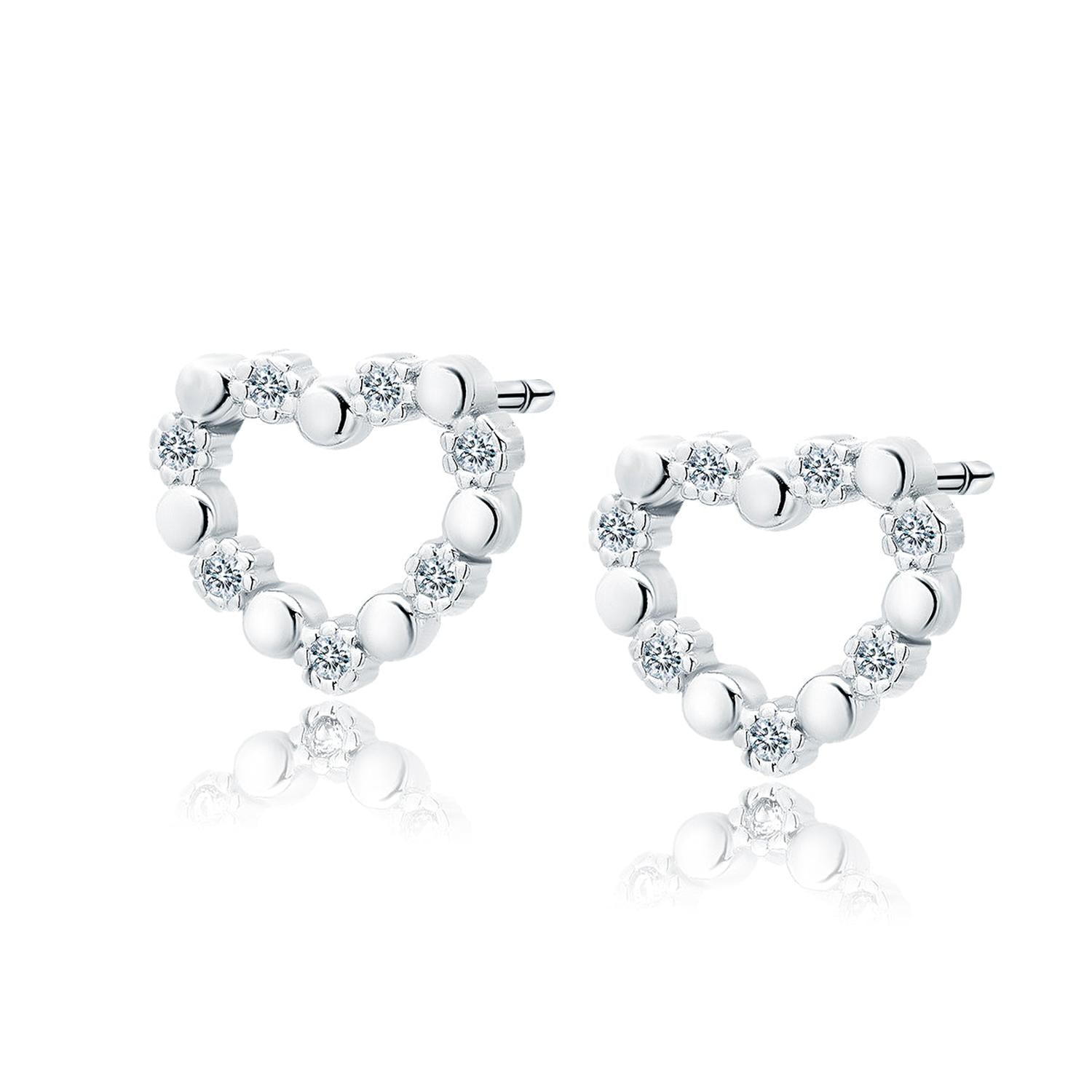 Silver cubic zirconia heart stud earrings with sparkling clear stones by Melchior Jewellery
