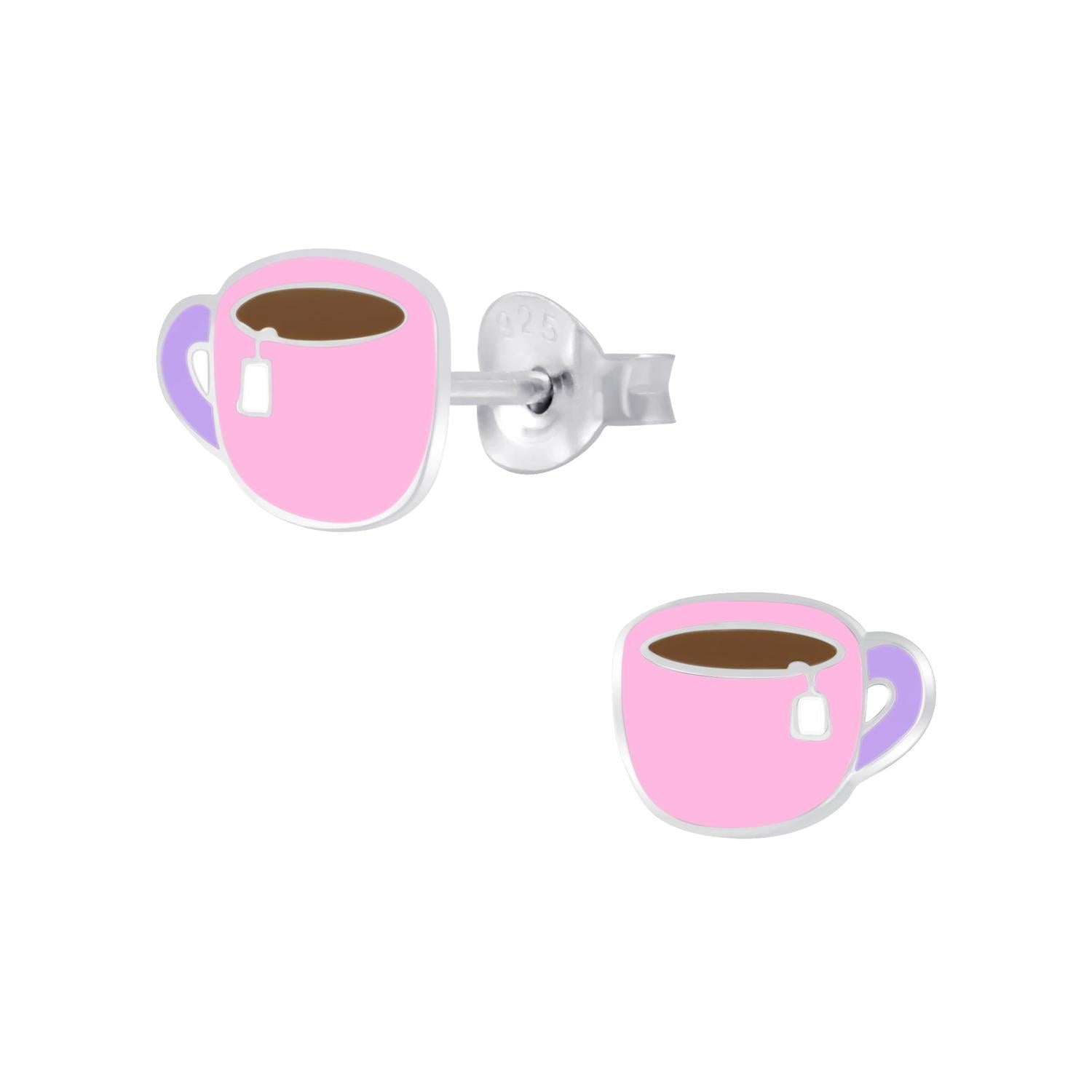 Melchior Jewellery cup of tea stud earrings for kids pink and purple enamel design