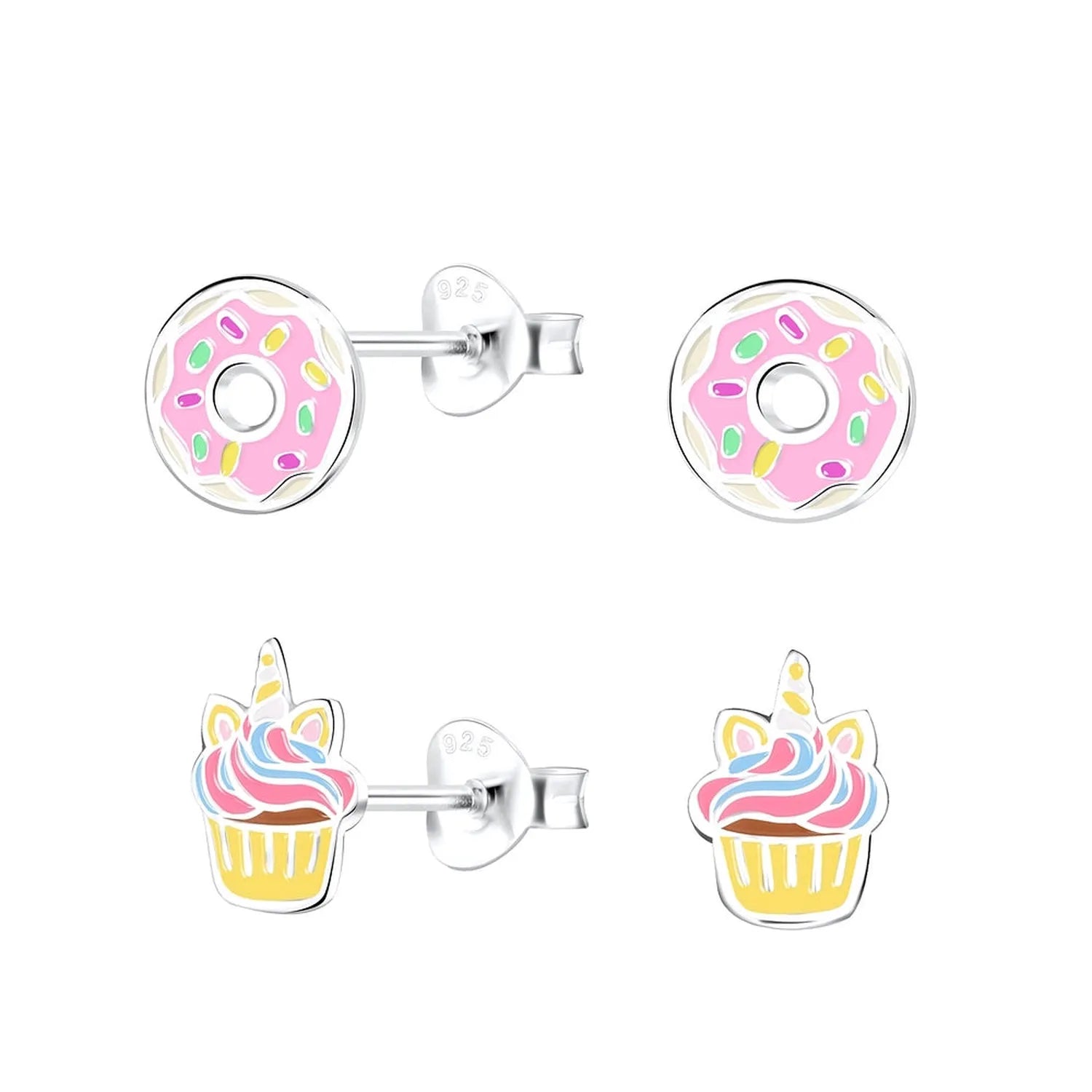 Cupcake and donut earrings for girls in silver with colourful enamel details by Melchior Jewellery