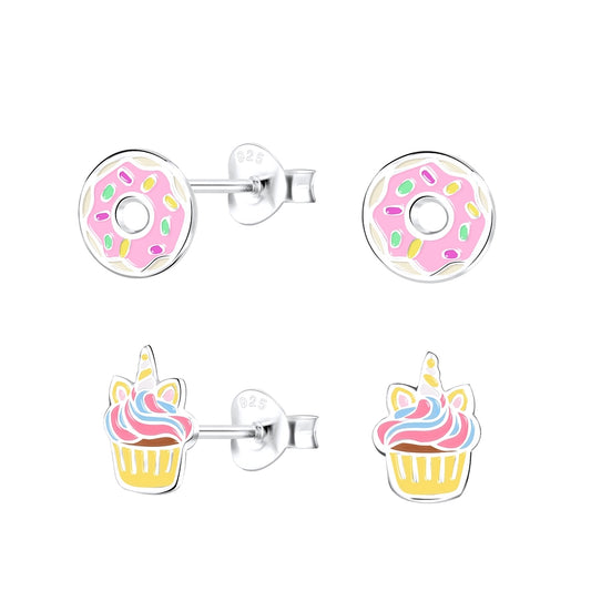 Cupcake and donut earrings for girls in silver with colourful enamel details by Melchior Jewellery