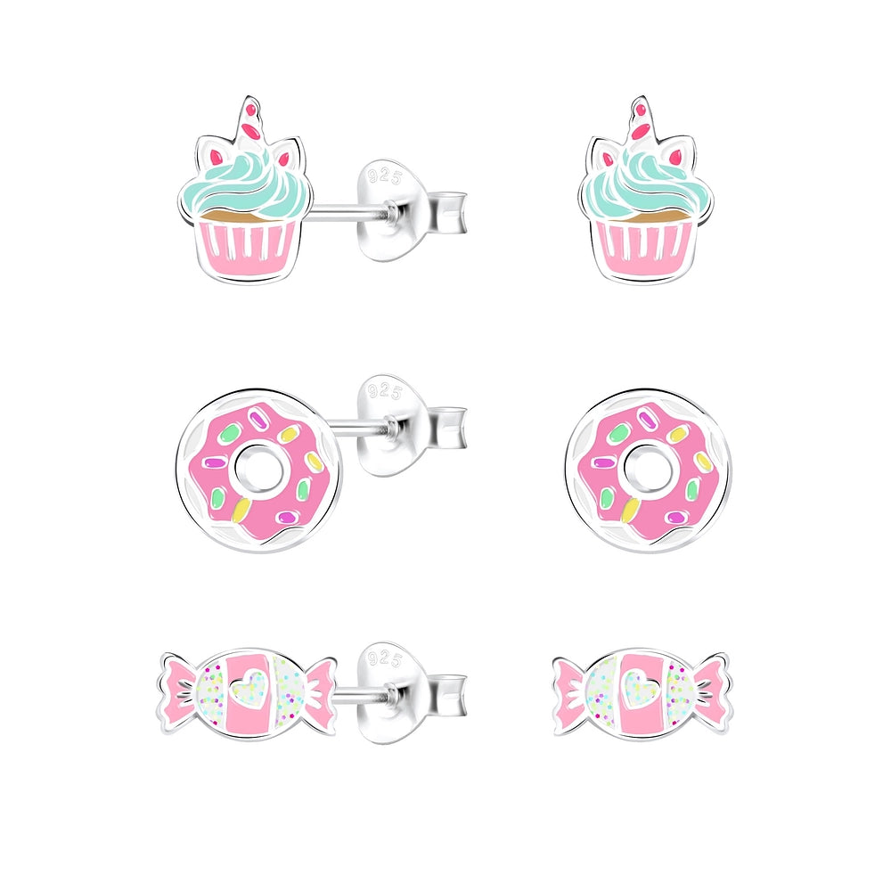 Melchior Jewellery cupcake and donut stud earrings set with pink cupcake, donut, and candy designs for children