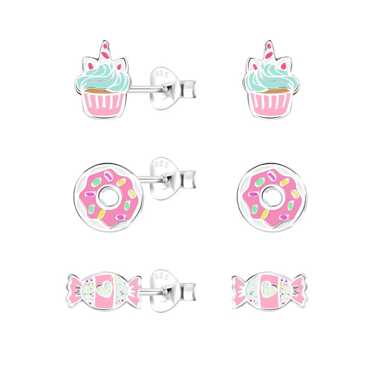 Melchior Jewellery cupcake and donut stud earrings set with pink cupcake, donut, and candy designs for children