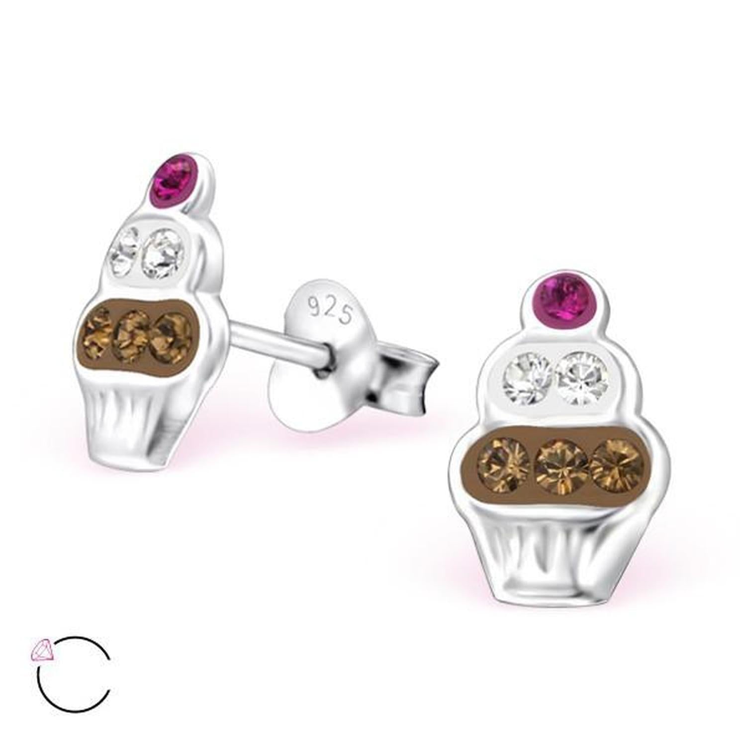Silver cupcake ear studs for kids with pink, white, and brown crystals by Melchior Jewellery