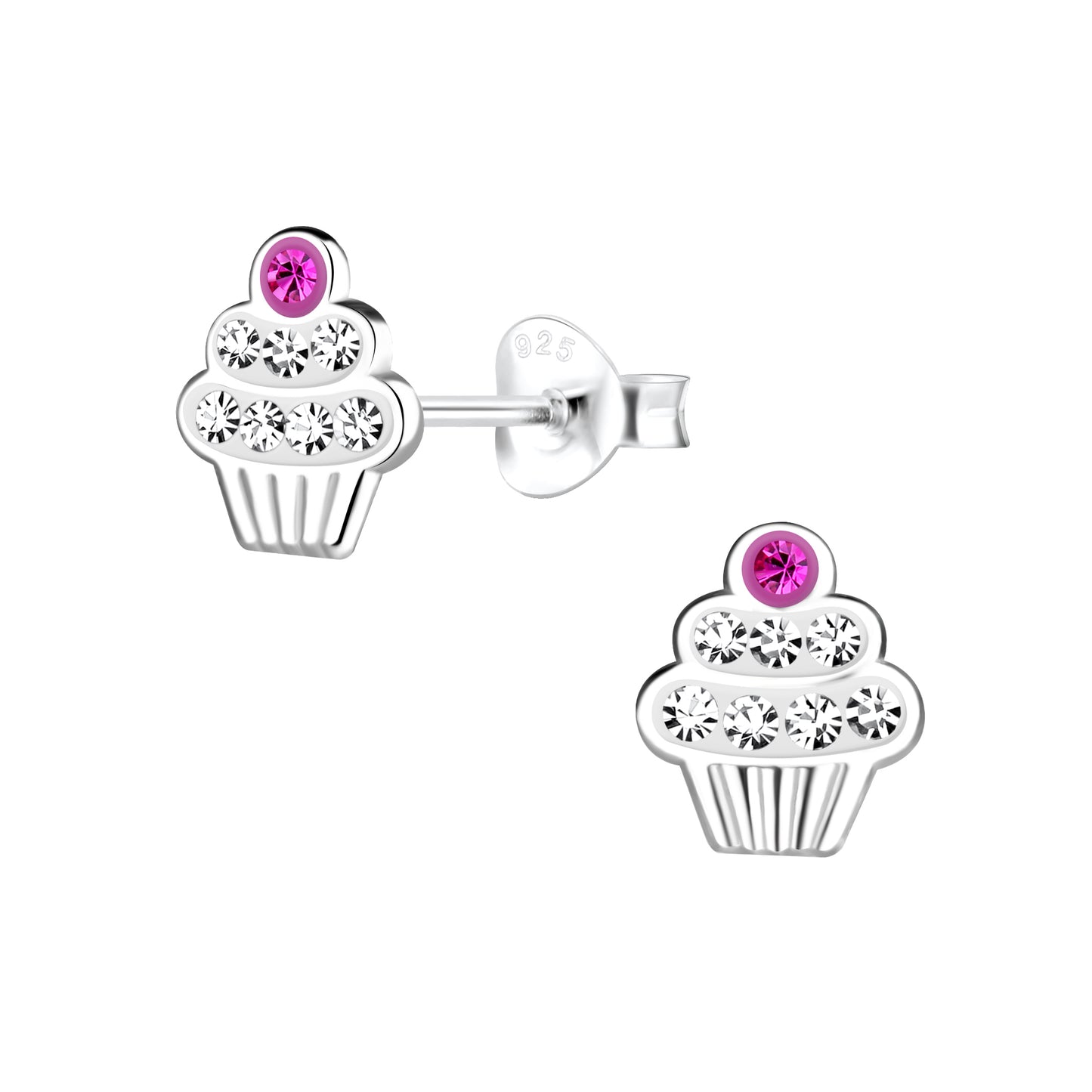 Melchior Jewellery cupcake ear studs for kids in silver with pink and clear stones
