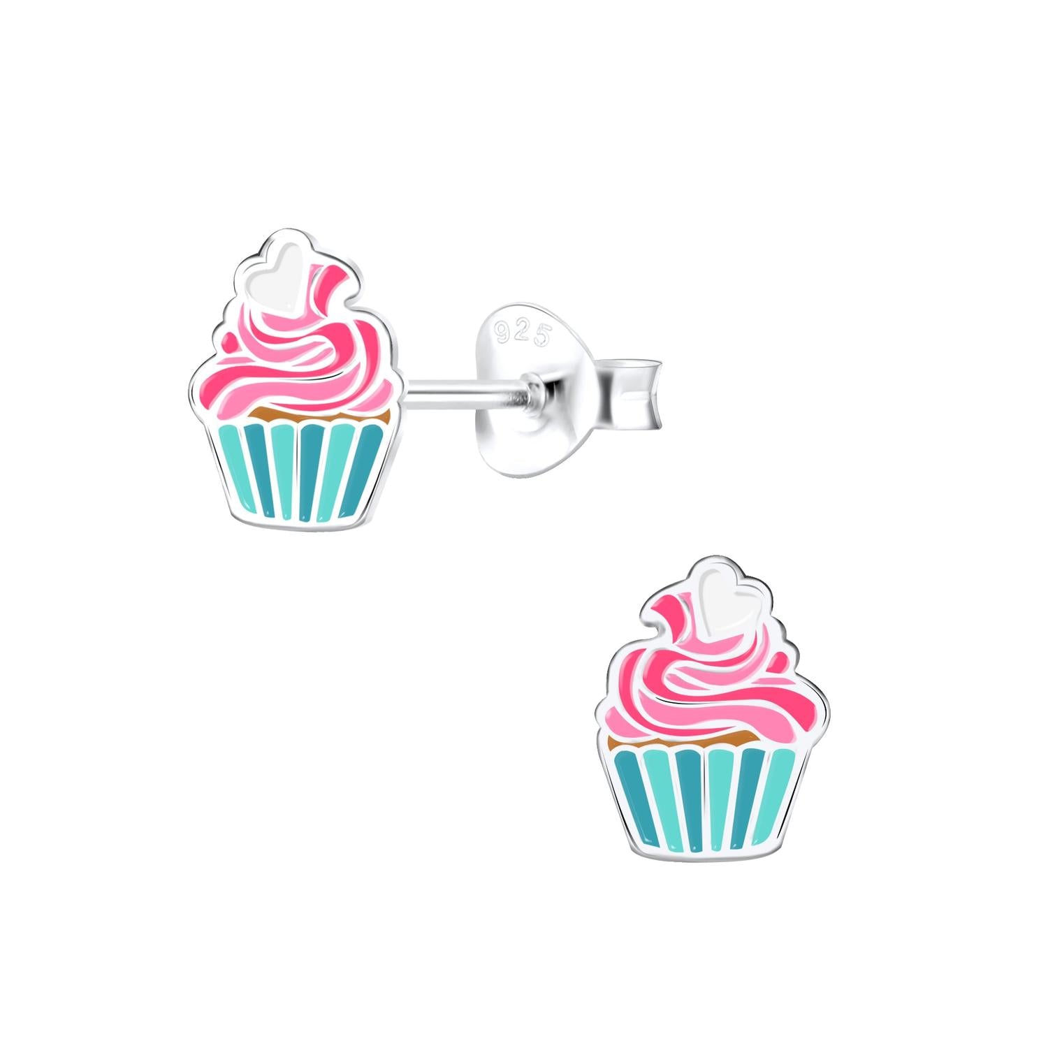 Melchior Jewellery Cupcake Stud Earrings with pink frosting, white heart detail, and turquoise cupcake liner