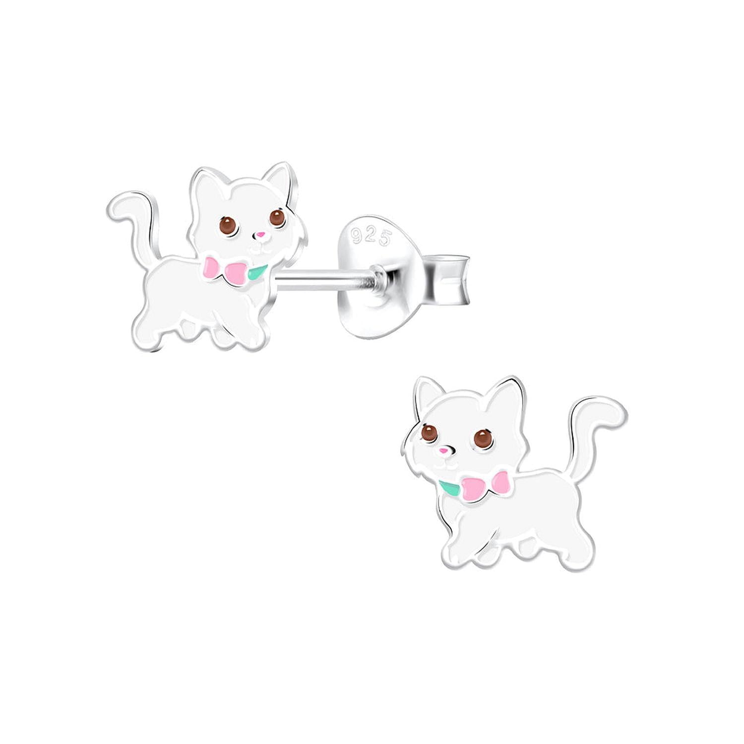Cute cat earrings for girls by Melchior Jewellery in sterling silver with pink and green bow details