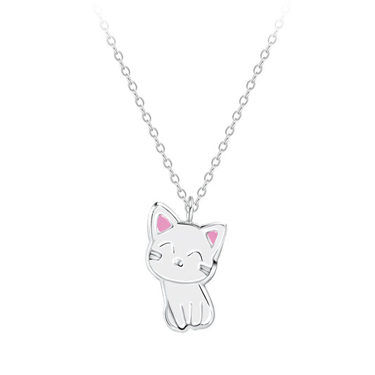 Cute cat necklace for girls by Melchior Jewellery featuring a silver cat pendant with pink ears on a chain