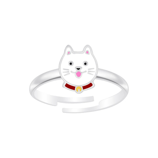 Melchior Jewellery cute cat ring for kids with white cat face and red collar on silver band