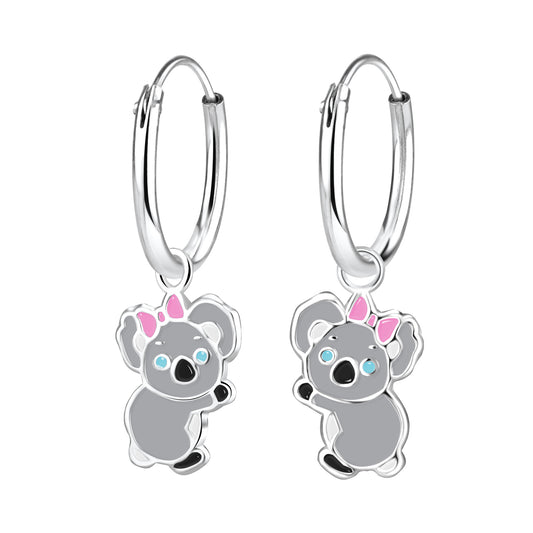 Melchior Jewellery cute koala bear earrings for kids with silver hoops and pink bow details