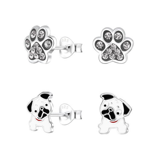 Cute pet themed earrings for children featuring silver paw prints and dog designs by Melchior Jewellery