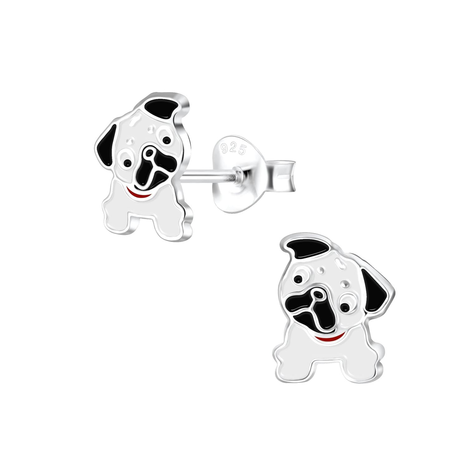 Melchior Jewellery cute pug earrings for girls made of sterling silver with black and white enamel details