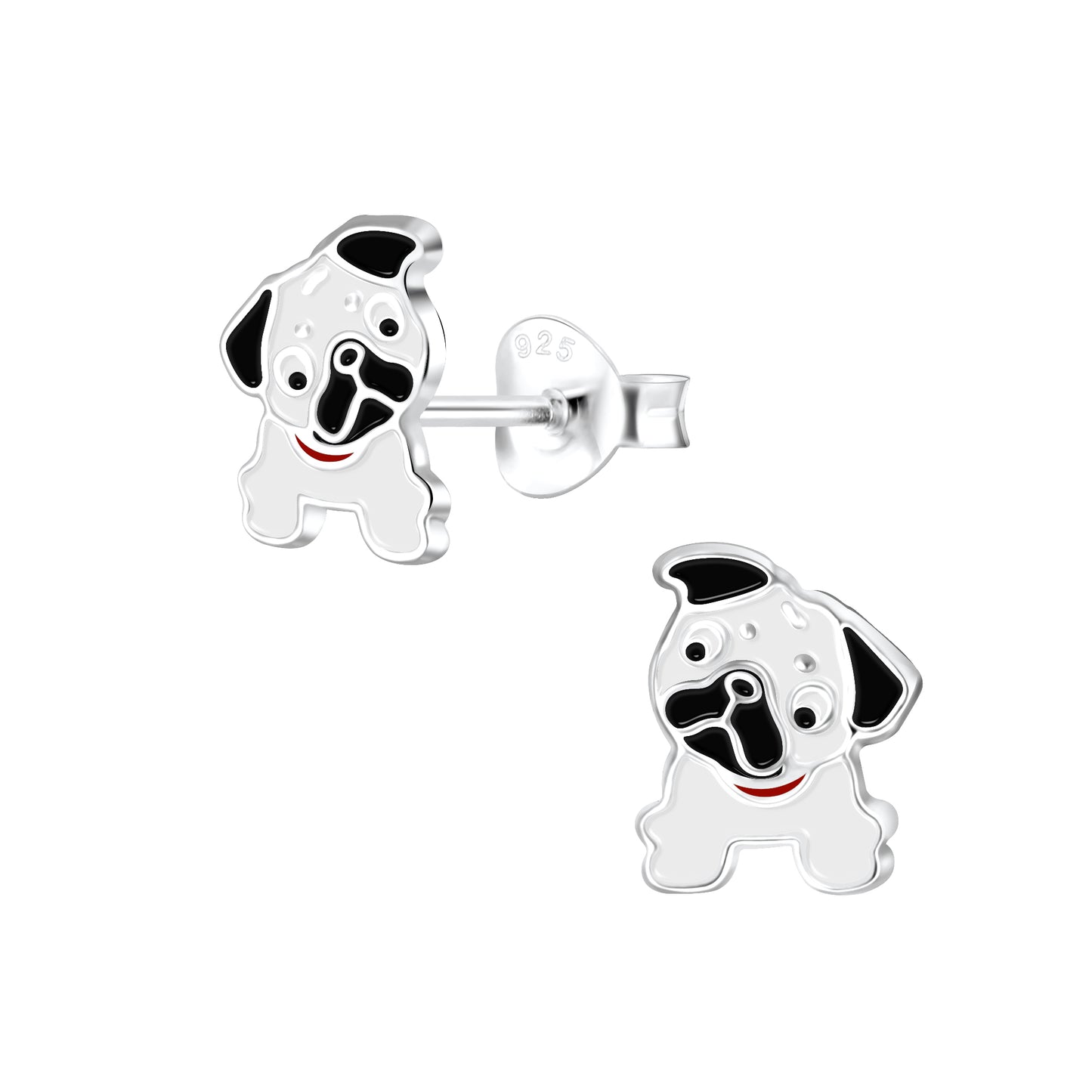 Melchior Jewellery cute pug earrings for girls in silver with black and white enamel detailing