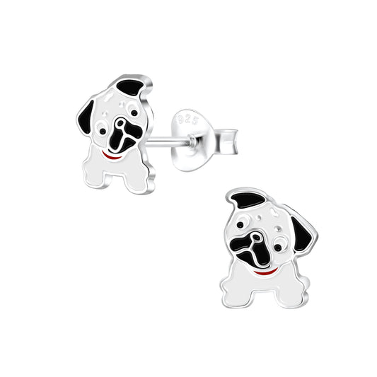 Melchior Jewellery cute pug earrings for girls in silver with black and white enamel detailing
