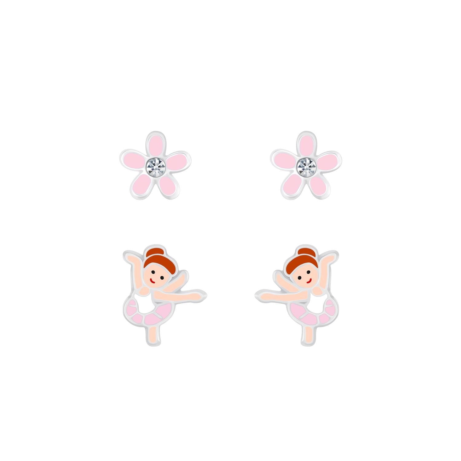 Melchior Jewellery cute sterling silver earrings for children featuring pink flower and ballerina designs