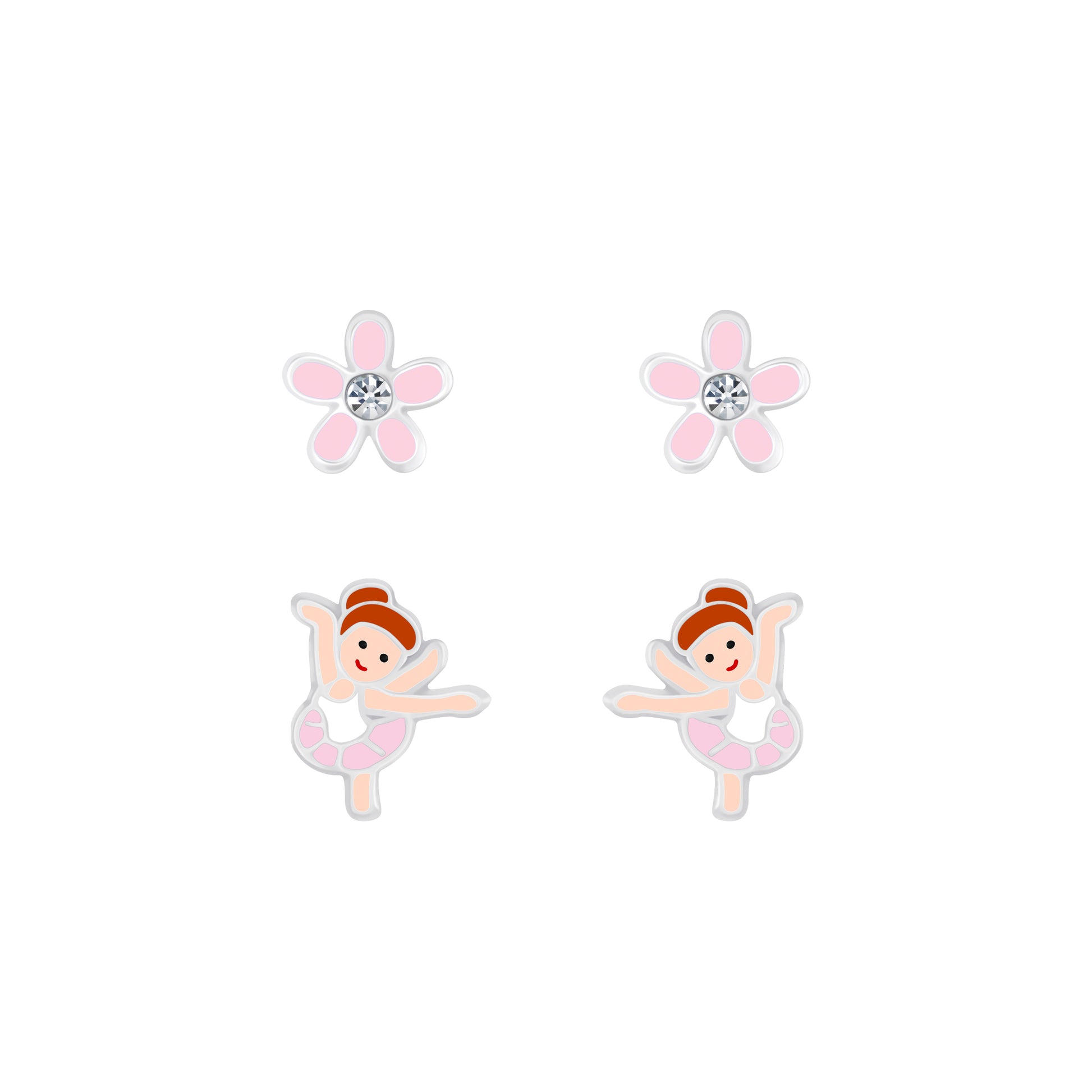 Melchior Jewellery cute sterling silver earrings for children featuring pink flower and ballerina designs
