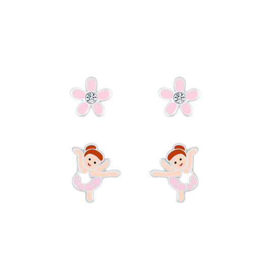Melchior Jewellery cute sterling silver earrings for children featuring pink flower and ballerina designs