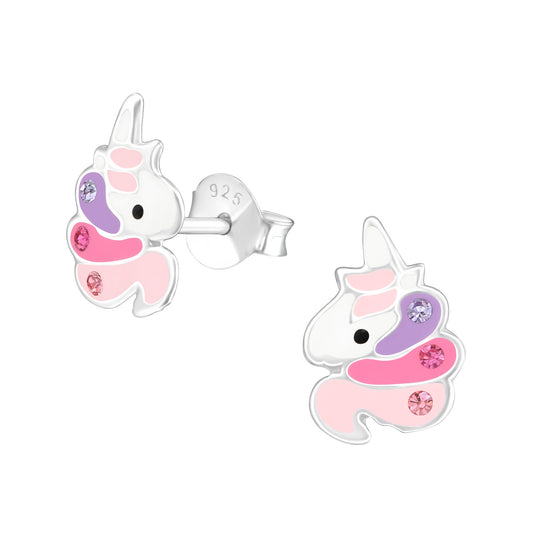 Melchior Jewellery cute unicorn CZ earrings for kids in silver with pink and purple details