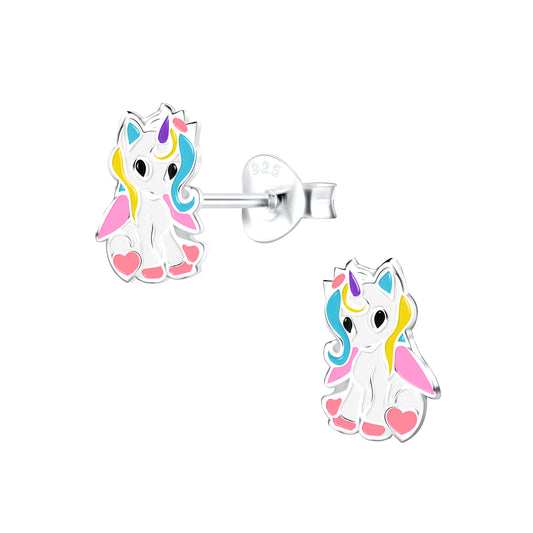 Cute unicorn stud earrings for kids in silver with colourful enamel by Melchior Jewellery