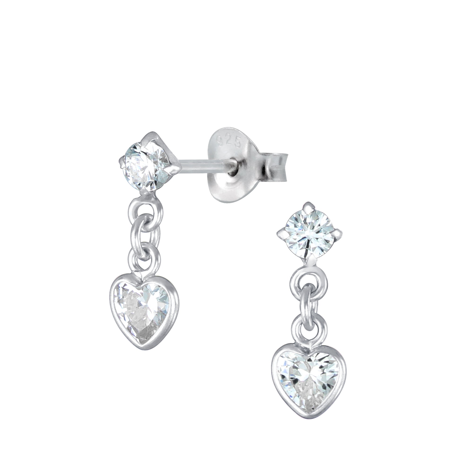 Melchior Jewellery CZ drop stud earrings for kids with sparkling heart-shaped crystals in silver