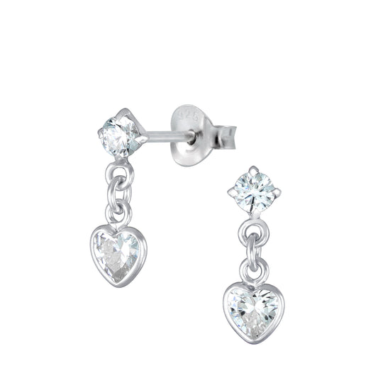 Melchior Jewellery CZ drop stud earrings for kids with sparkling heart-shaped crystals in silver