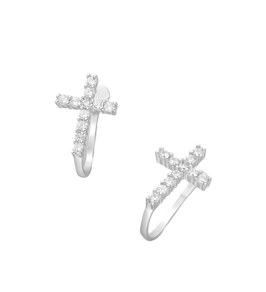 Melchior Jewellery CZ pave set ear cuffs for women in silver with sparkling cubic zirconia cross design