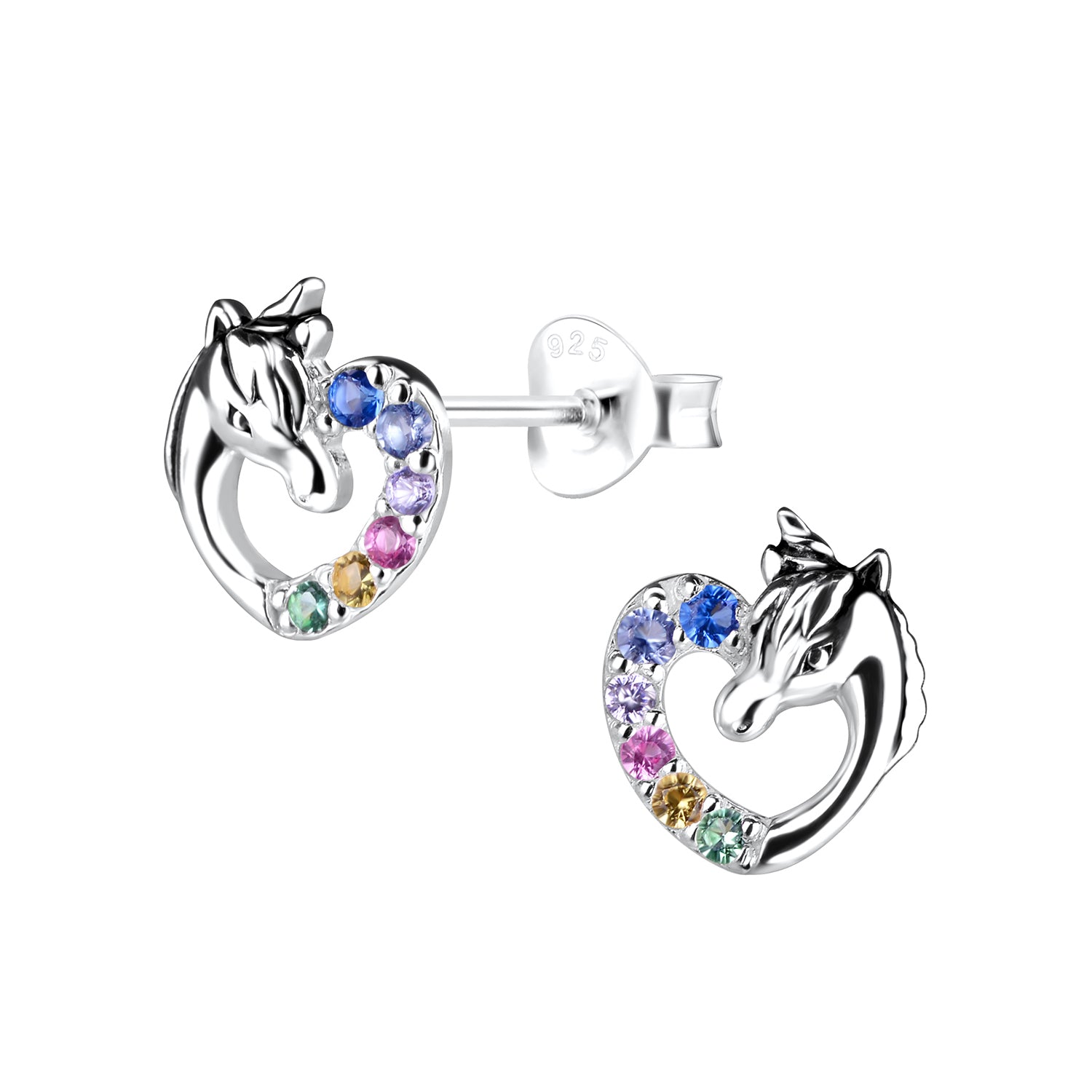 Melchior Jewellery CZ unicorn earrings for girls in silver with multicolour cubic zirconia stones