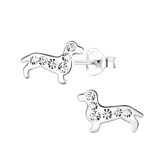 Melchior Jewellery dachshund stud earrings for kids in silver with sparkly crystal detailing