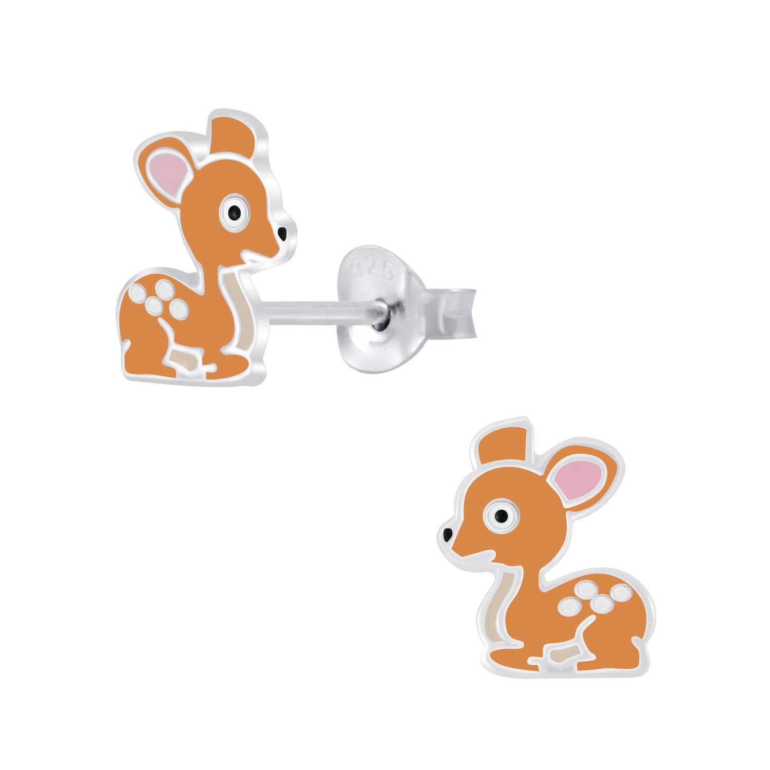 Deer stud earrings for children by Melchior Jewellery featuring cute orange and white enamel design