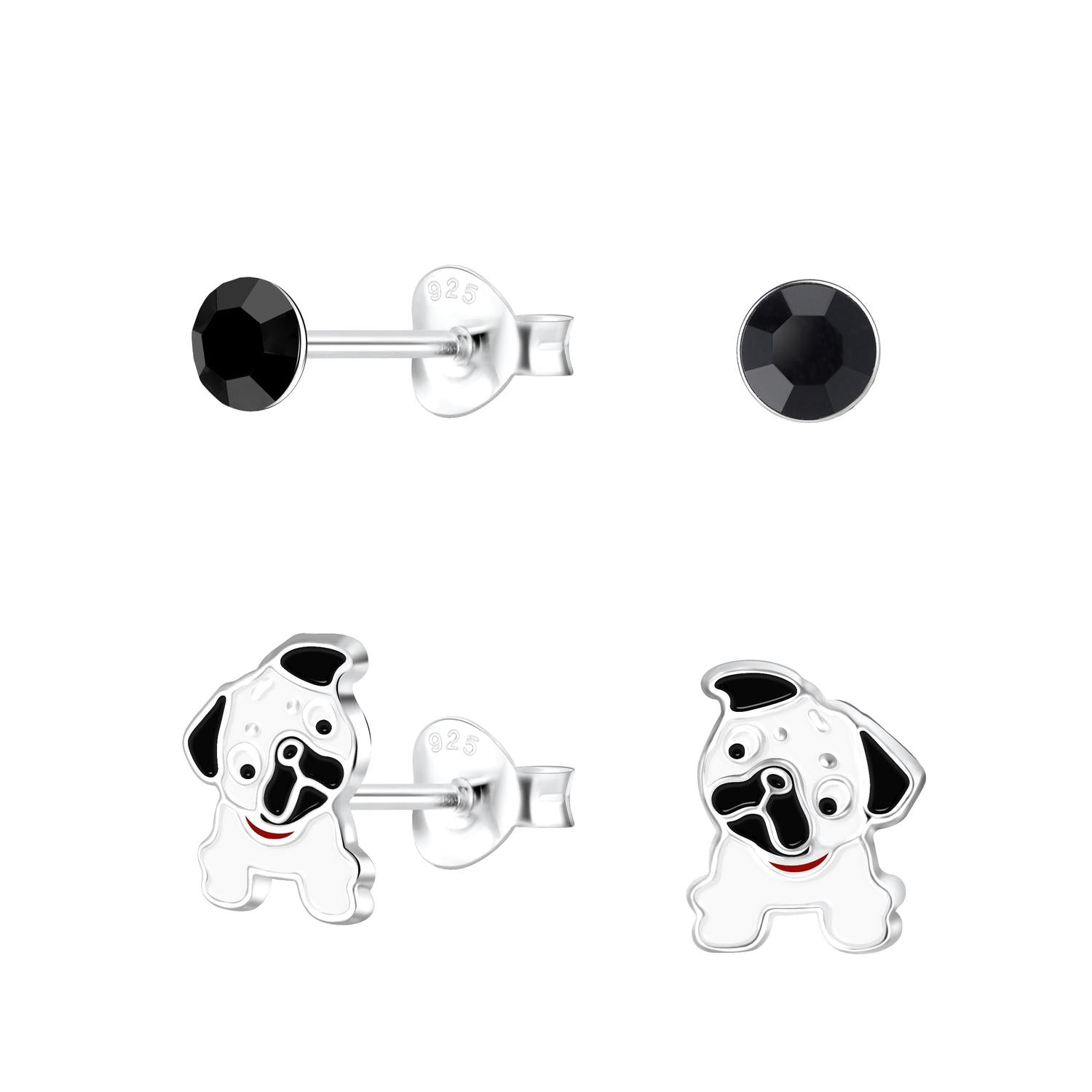Melchior Jewellery dog lover stud earrings for kids featuring silver and black enamel puppy designs with black gemstone studs