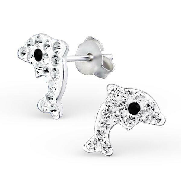 Melchior Jewellery childrens dolphin earrings with crystals featuring silver tone and black eye detail