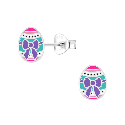 Melchior Jewellery Easter egg stud earrings for girls with purple bow and colourful enamel design
