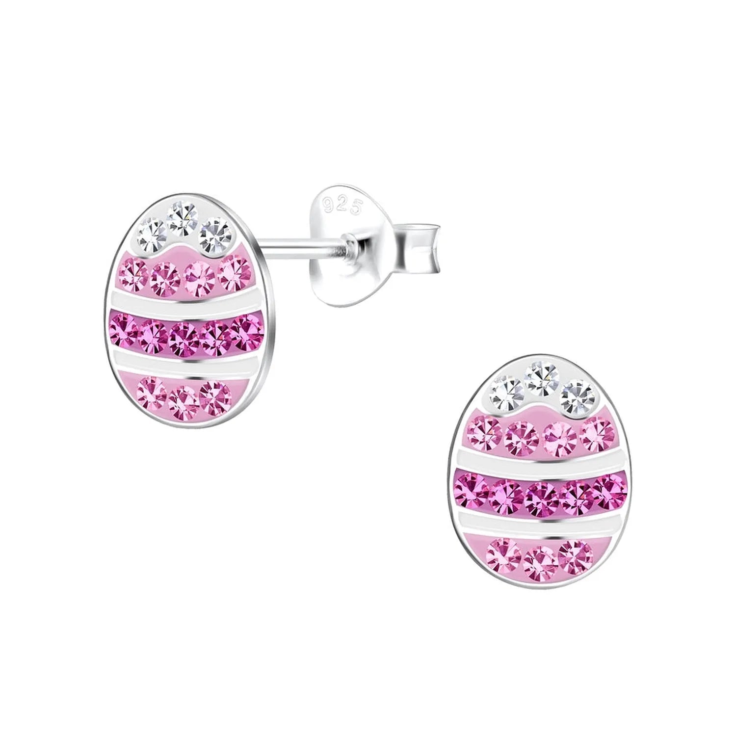 Melchior Jewellery silver easter egg stud earrings with pink and white crystals in striped design