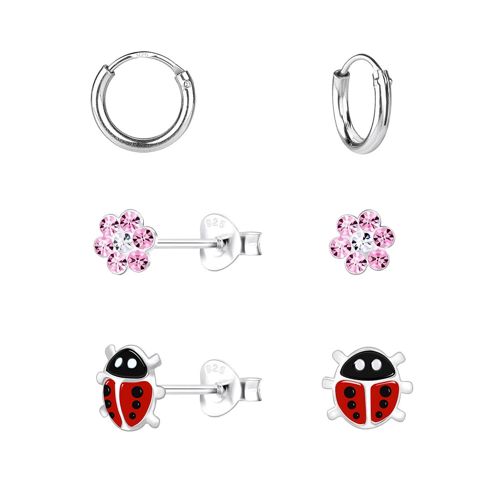 Melchior Jewellery flower and ladybird stud earrings for kids with pink crystals and red enamel