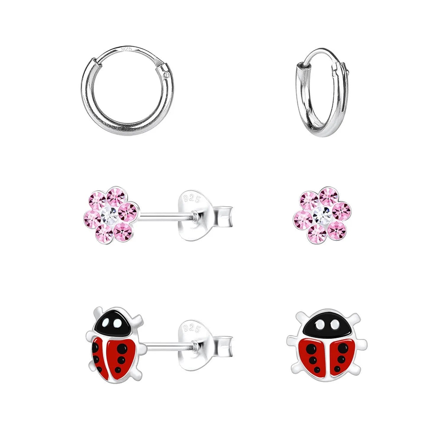 Melchior Jewellery flower and ladybird stud earrings for kids with pink crystals and red enamel