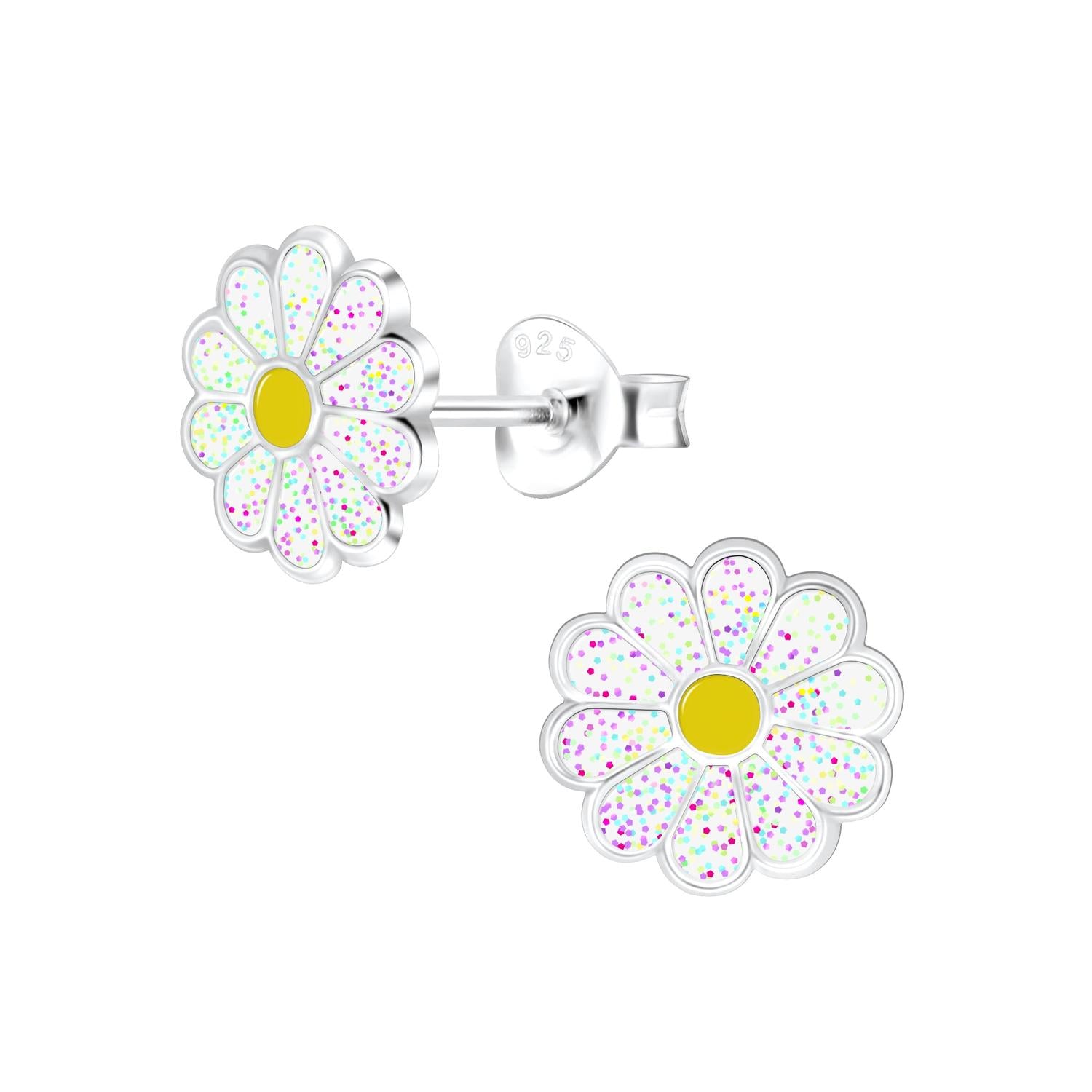 Melchior Jewellery flower stud earrings for children with silver and colourful glitter petals