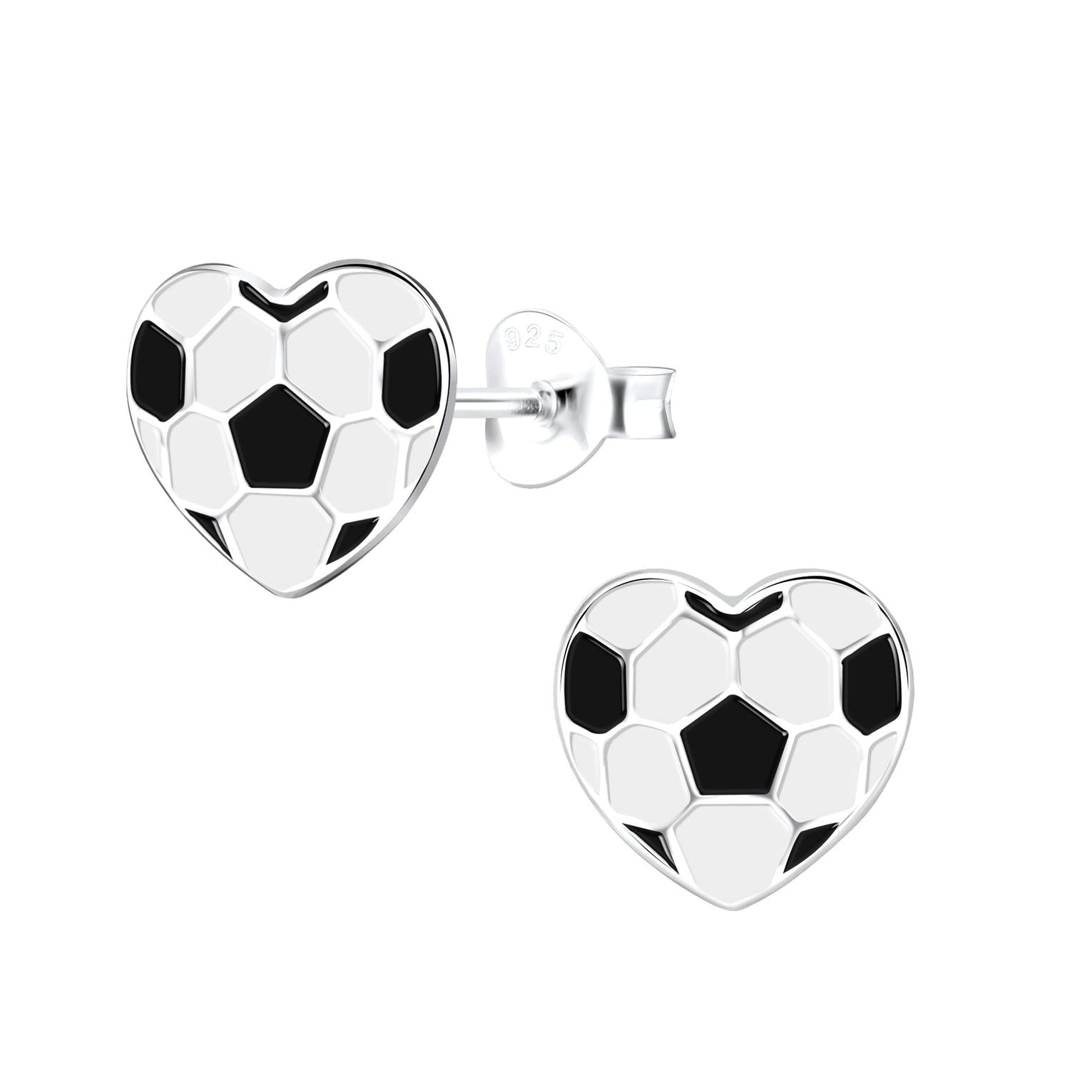 Melchior Jewellery heart-shaped football earrings for girls in silver with black and white enamel