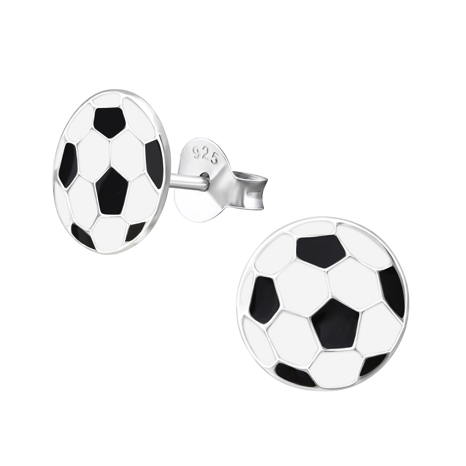 Melchior Jewellery football themed earrings for boys and girls in silver with black and white football design