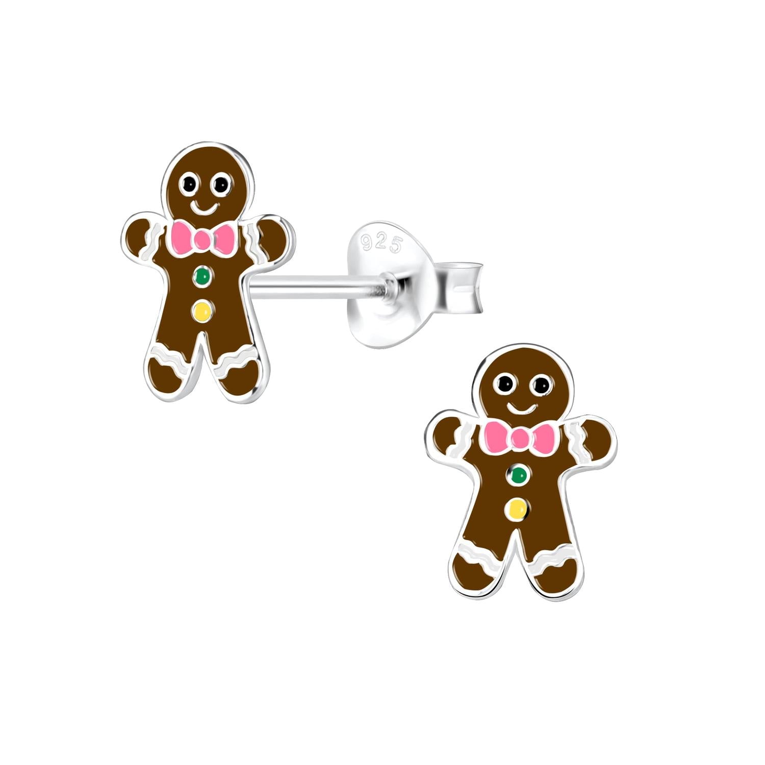 Melchior Jewellery gingerbread man stud earrings for kids in silver with colourful enamel details