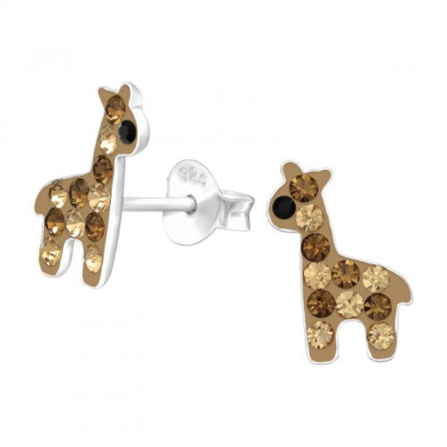 Melchior Jewellery giraffe shaped earrings for children with brown crystal detailing and silver backing