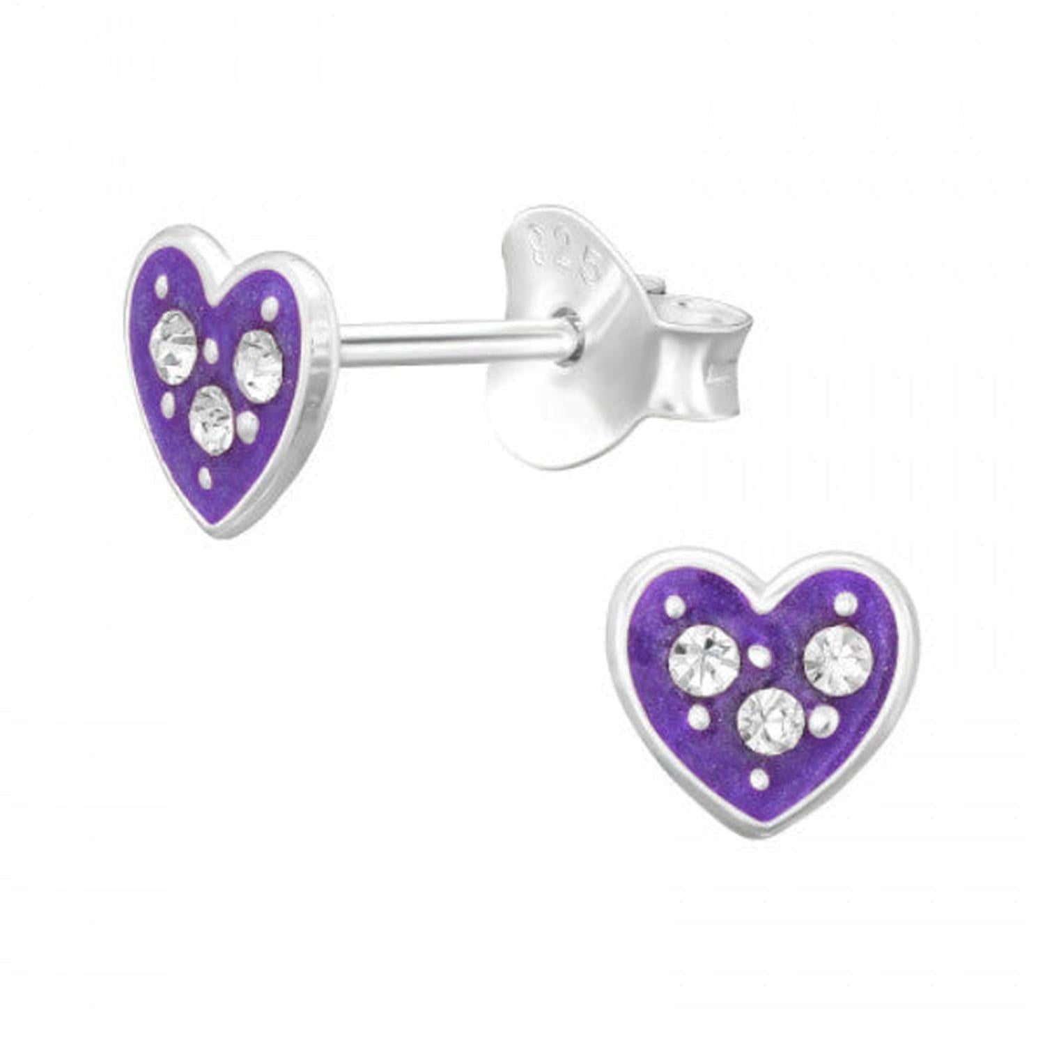 Melchior Jewellery girls heart stud earrings in silver with purple enamel and three clear crystals