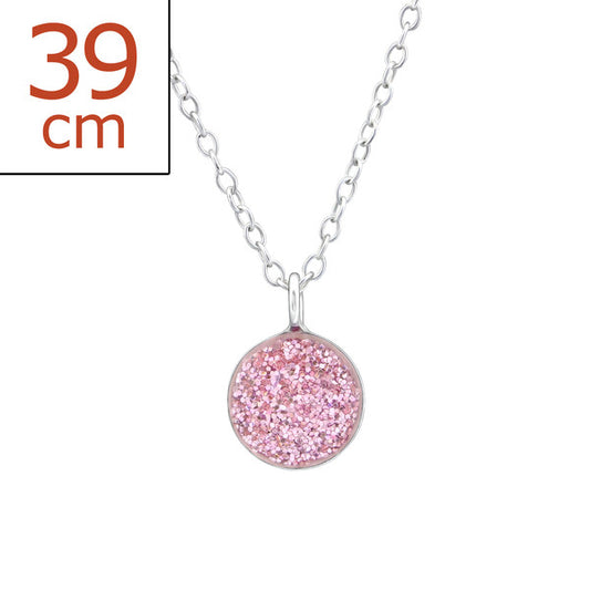 Melchior Jewellery girls sparkly necklace gift 39 cm silver chain with round pink glitter pendant