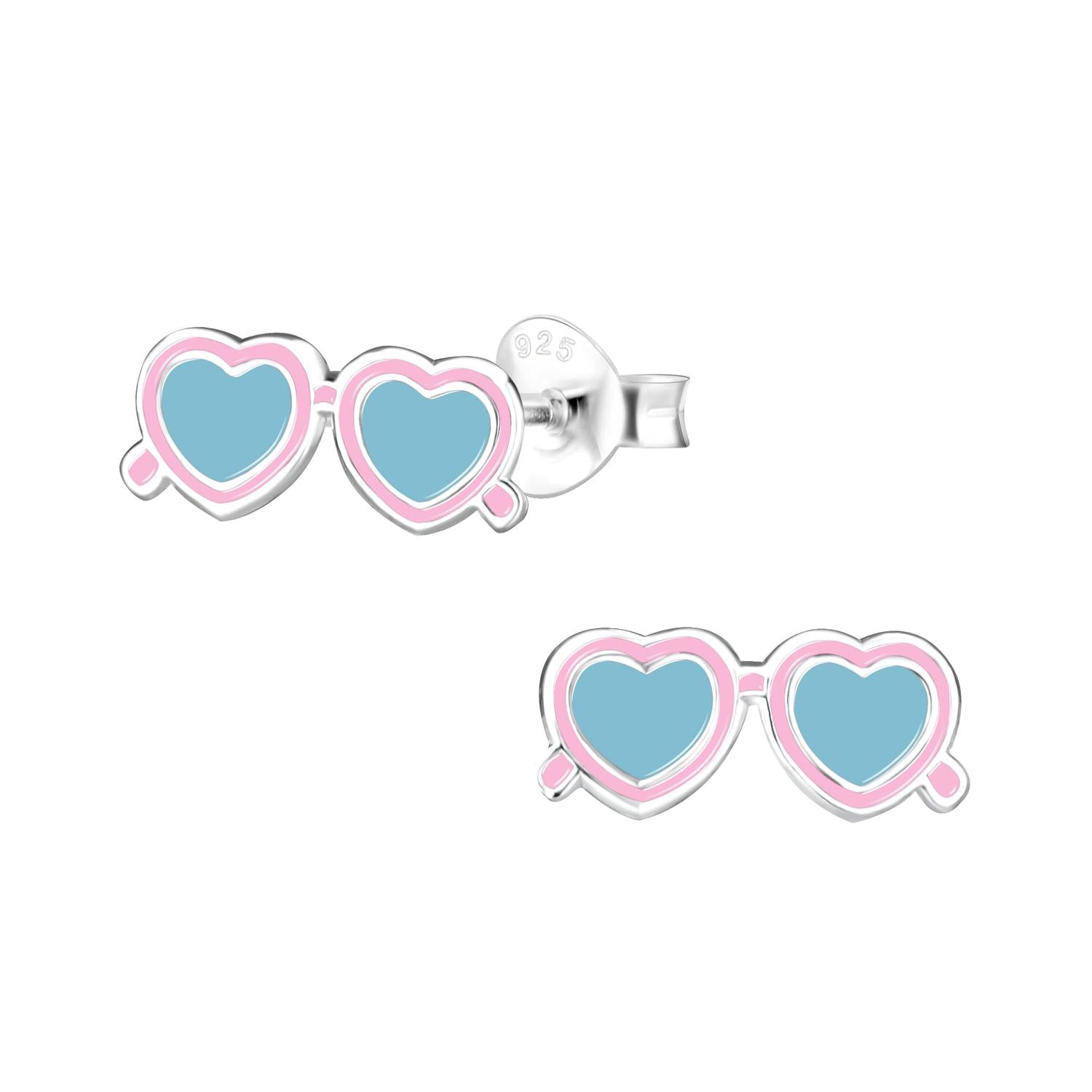 Melchior Jewellery girls sunglasses stud earrings in silver with pink and blue heart-shaped lenses for children