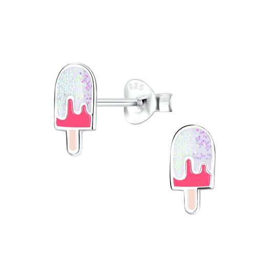 Melchior Jewellery silver popsicle childrens studs with pink drip and glitter tops glitter ice cream ear studs for kids